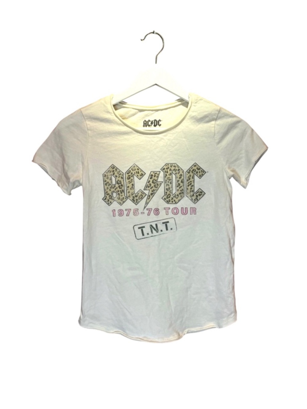 AC/DC Women’s Cream Colored Leopard Print Feminine Tour T Shirt Size XS